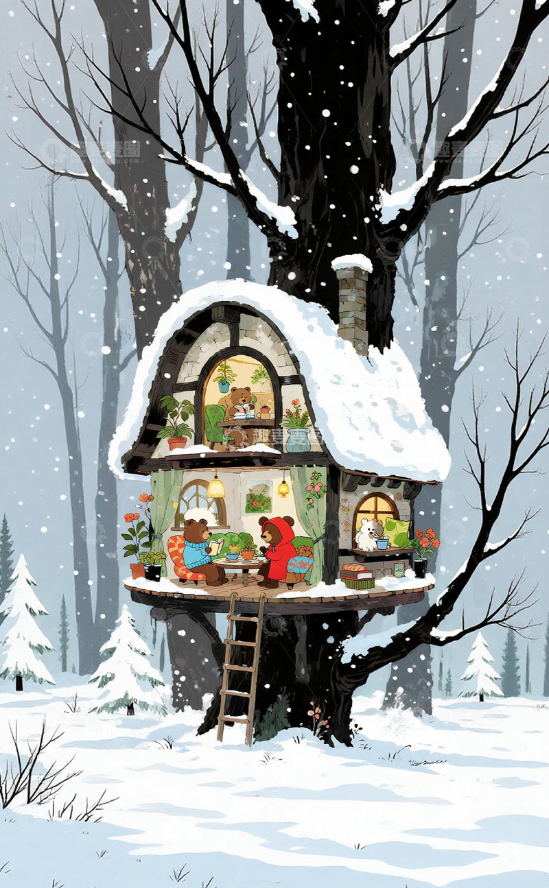 高清大图下载【趣麦麦图】树屋卡通雪景插画
