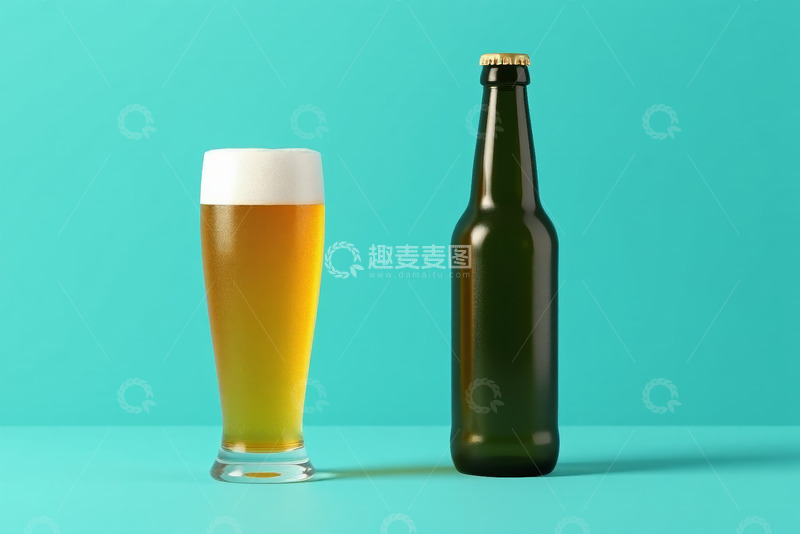 高清大图下载【趣麦麦图】-绿色啤酒瓶与满杯啤酒静物