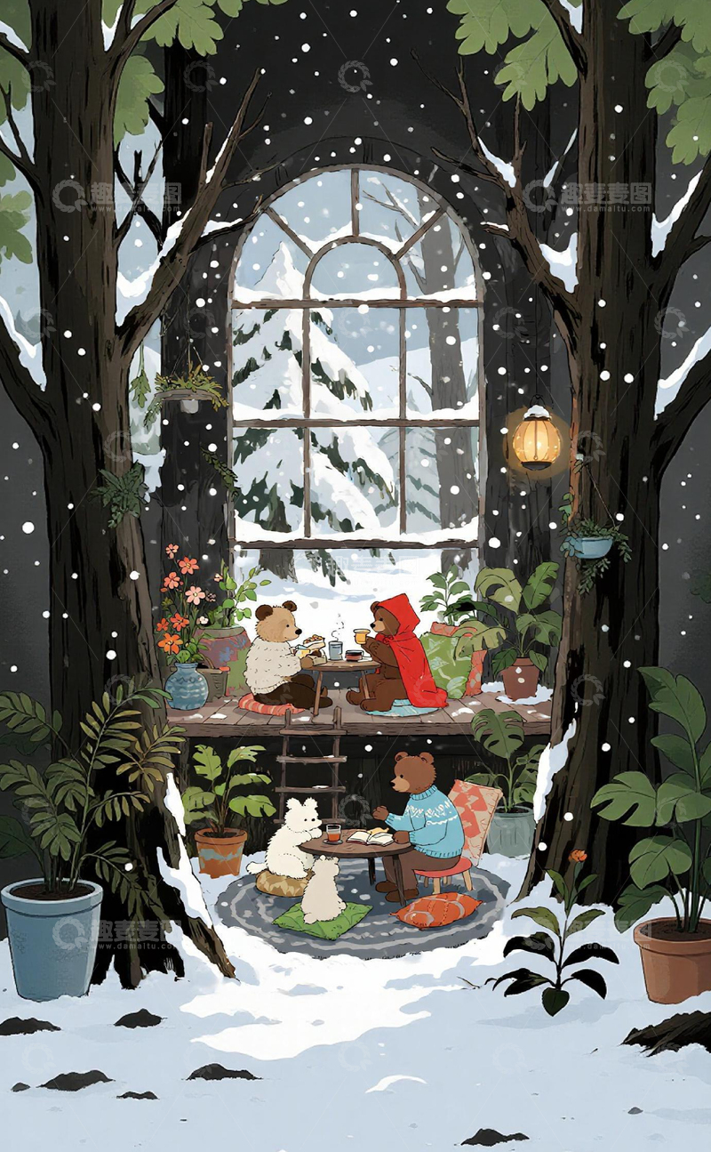 高清大图下载【趣麦麦图】冬日森林小熊聚会插画