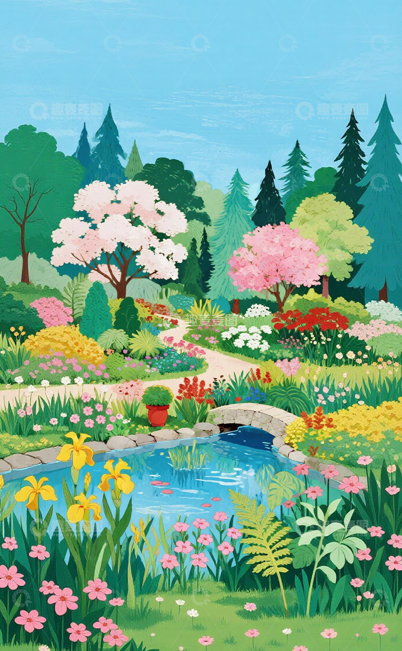 高清大图下载【趣麦麦图】花园风光插画设计素材