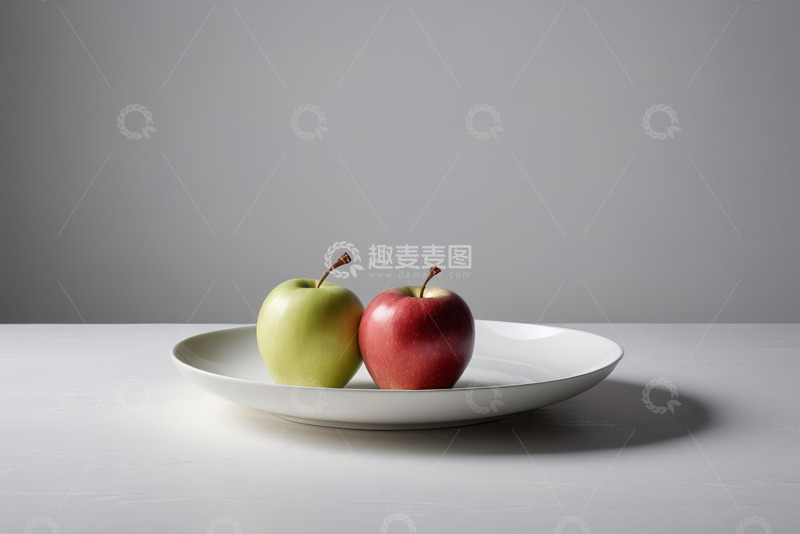 高清大图下载【趣麦麦图】白盘上的红绿双苹果