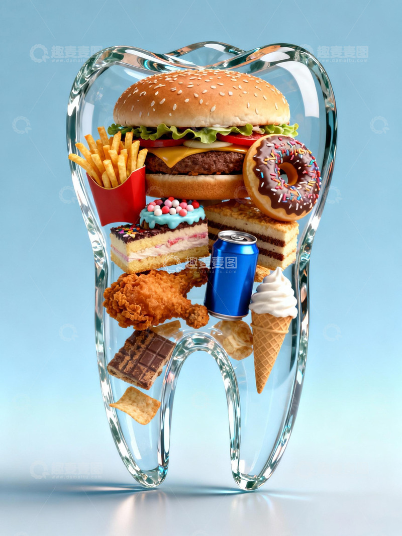 高清大图下载【趣麦麦图】透明牙齿快餐食品创意图