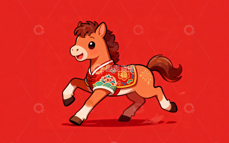 高清大图下载【趣麦麦图】卡通马喜庆图案插画