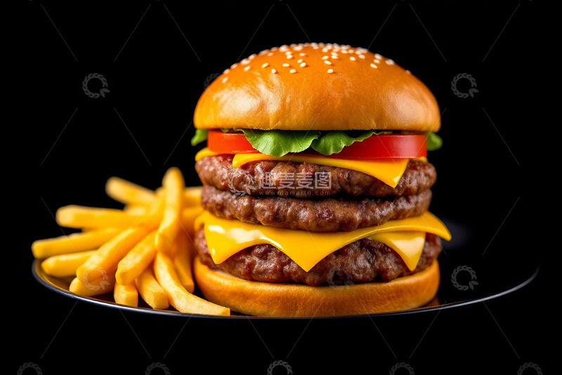 高清大图下载【趣麦麦图】双层牛肉芝士汉堡配薯条