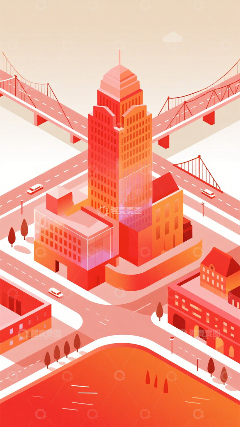 高清大图下载【趣麦麦图】城市插画高楼大桥交通
