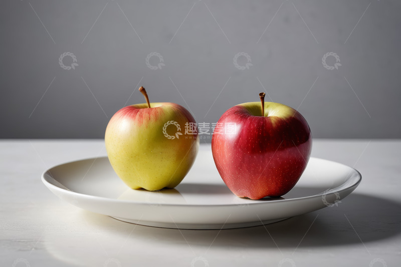 高清大图下载【趣麦麦图】白色盘子上的两个新鲜苹果