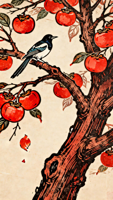 传统水墨柿子树与鸟儿图