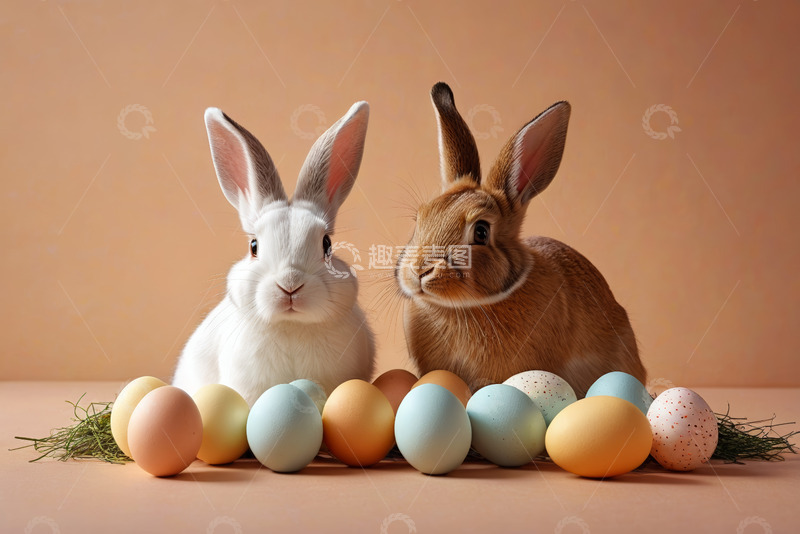 高清大图下载【趣麦麦图】两只兔子与彩蛋静物图