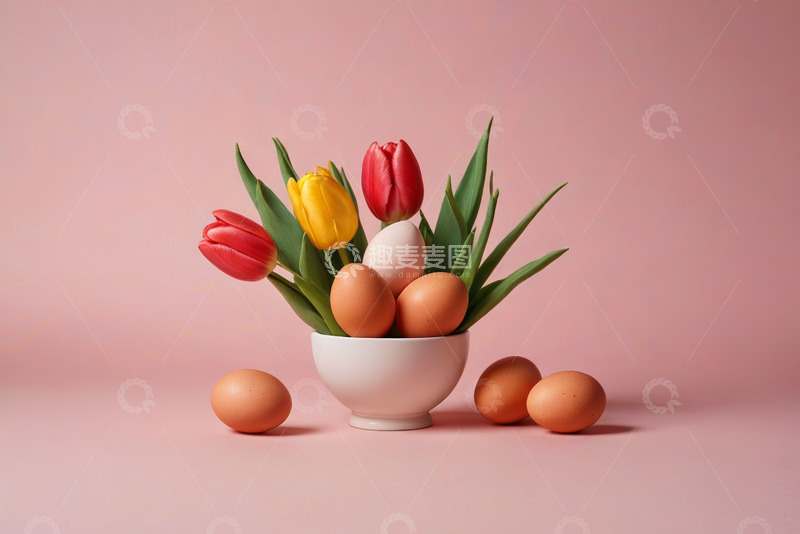 高清大图下载【趣麦麦图】粉色背景碗中鸡蛋与郁金香