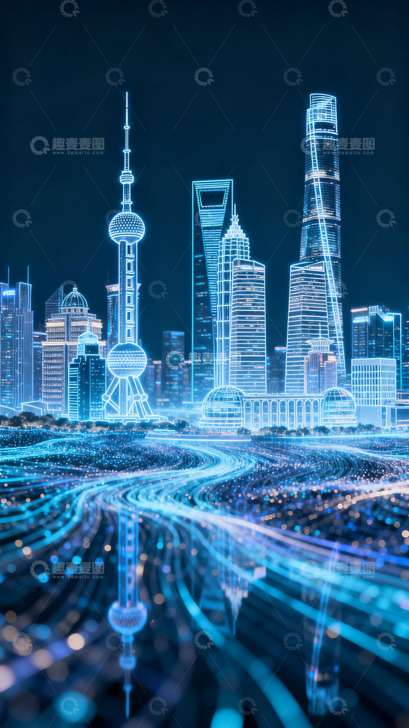 高清大图下载【趣麦麦图】未来科技上海夜景插画
