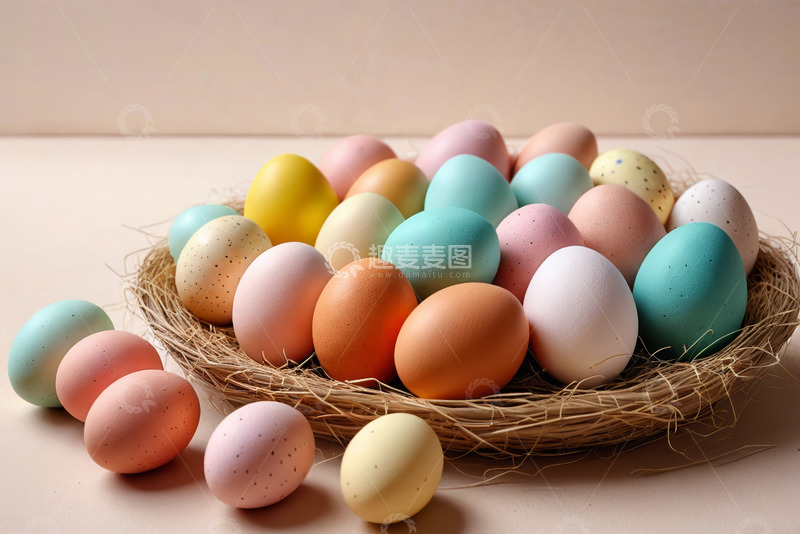 高清大图下载【趣麦麦图】彩色装饰鸡蛋置于鸟巢中