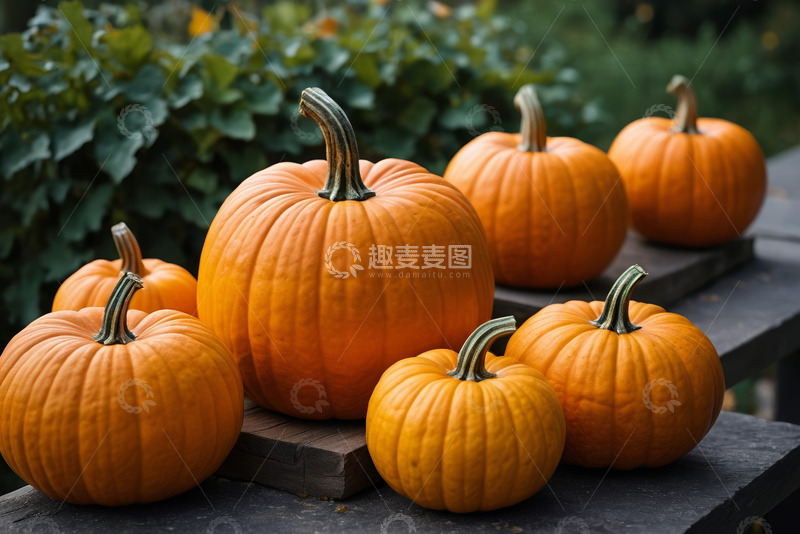 高清大图下载【趣麦麦图】户外木桌上摆放的多个南瓜