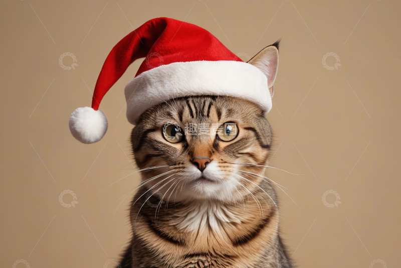 高清大图下载【趣麦麦图】戴圣诞帽的猫咪特写