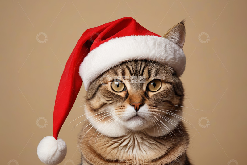 高清大图下载【趣麦麦图】戴圣诞帽的猫咪特写