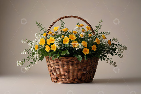 装满黄色花朵的藤编花篮