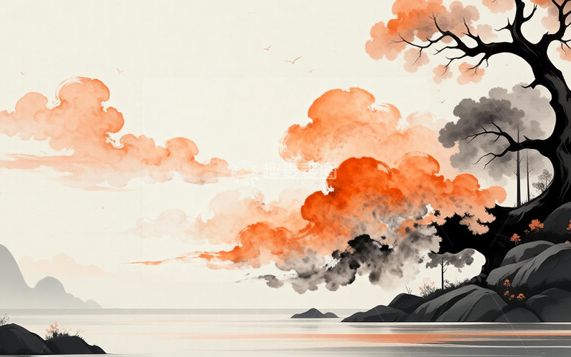 高清大图下载【趣麦麦图】-水墨画风景山水云彩艺术插画