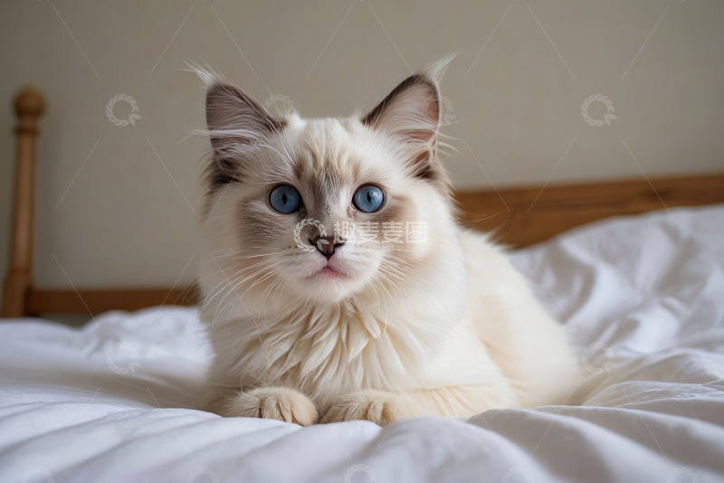 高清大图下载【趣麦麦图】床上的蓝眼长毛猫咪
