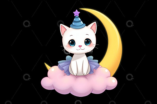 卡通小猫坐粉色云朵戴皇冠