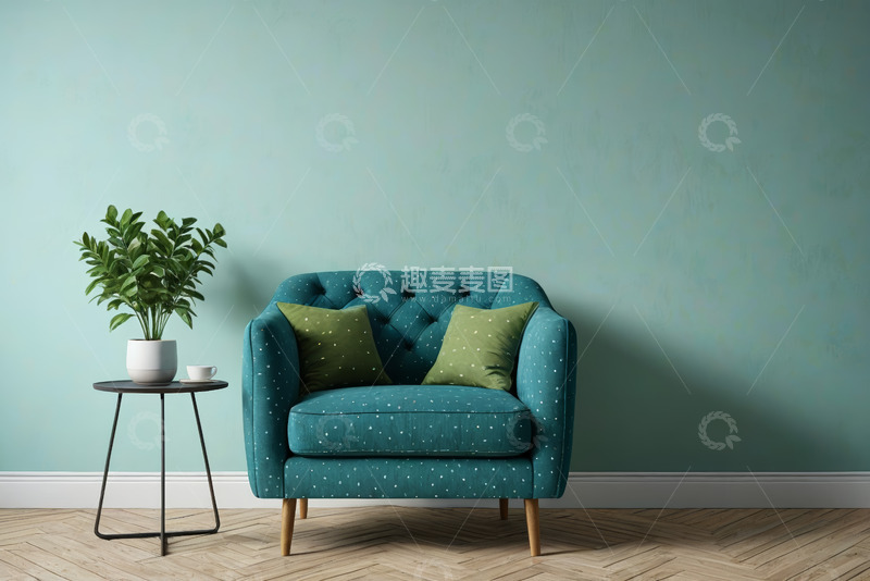 高清大图下载【趣麦麦图】室内蓝色沙发配绿植场景