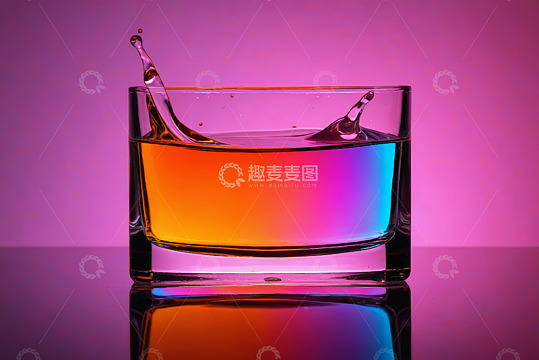 彩色背景下玻璃杯液体溅起画面