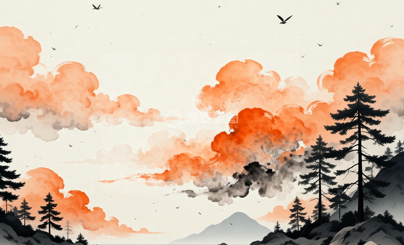 高清大图下载【趣麦麦图】水彩风景山水松树飞鸟图