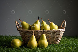 草地上篮子里的新鲜梨子