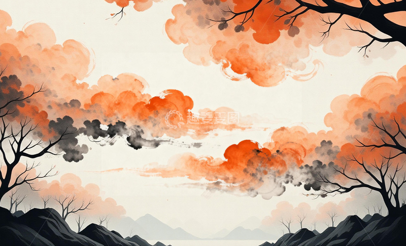 高清大图下载【趣麦麦图】-水墨画风秋景山水云彩绘画