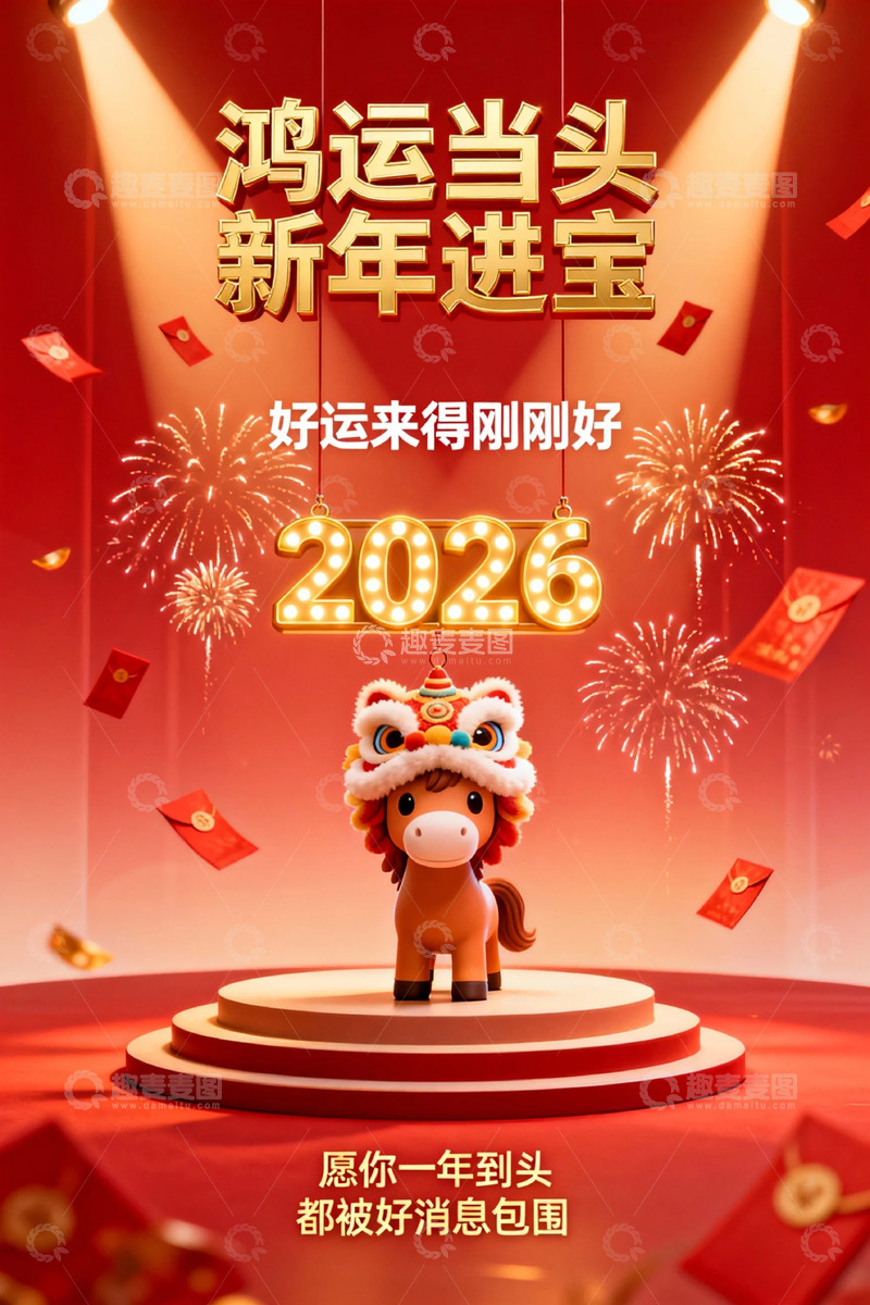高清大图下载【趣麦麦图】鸿运当头新年进宝祝福海报