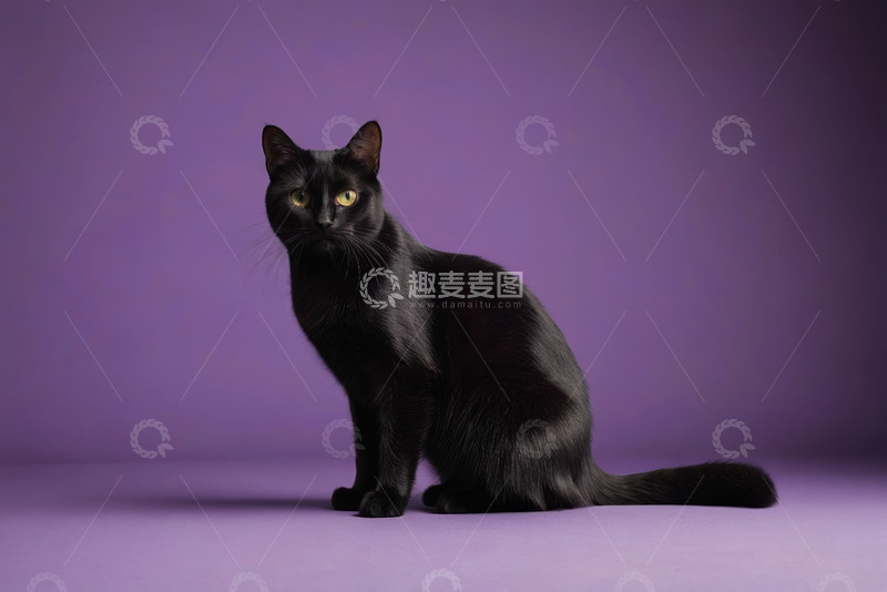 高清大图下载【趣麦麦图】紫色背景前的黑色猫咪