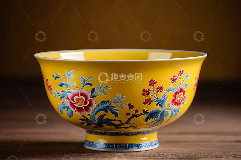 高清大图下载【趣麦麦图】黄色花卉图案瓷碗特写