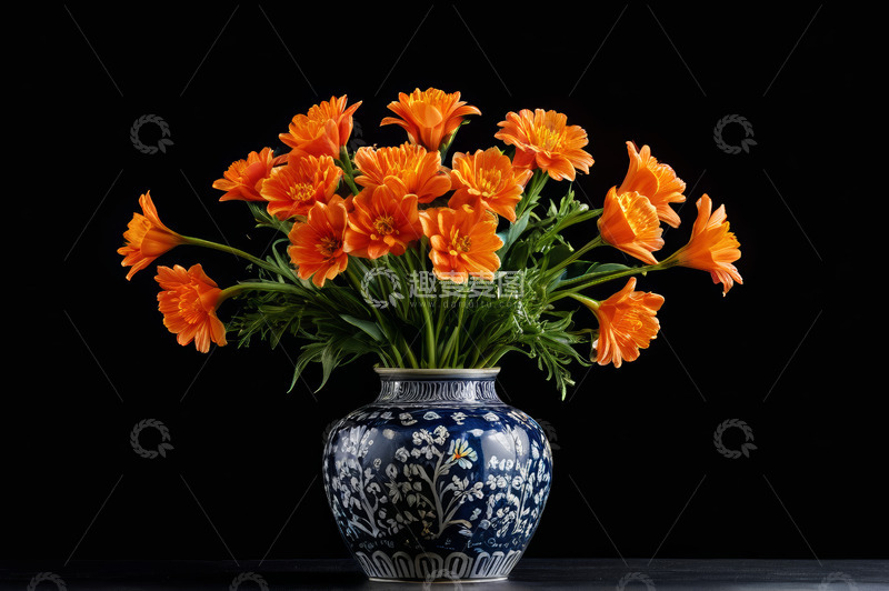 高清大图下载【趣麦麦图】蓝白瓷瓶插橙色鲜花