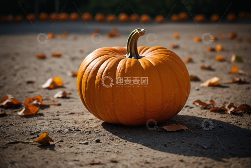 高清大图下载【趣麦麦图】地面上的单个南瓜及散落秋叶