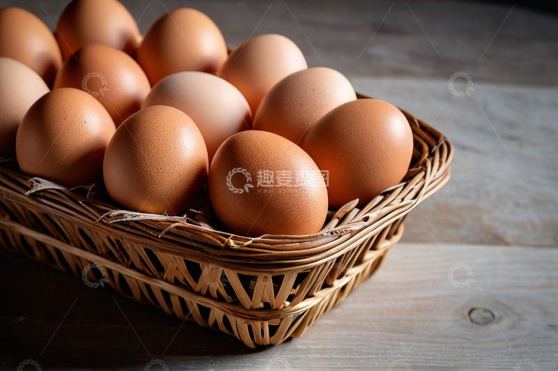 高清大图下载【趣麦麦图】木桌上竹篮内的新鲜鸡蛋
