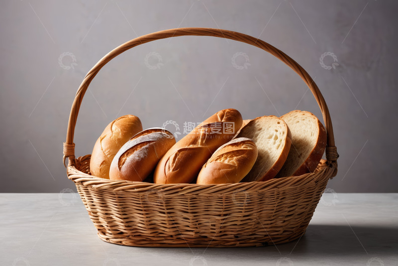 高清大图下载【趣麦麦图】装满面包的藤编篮子