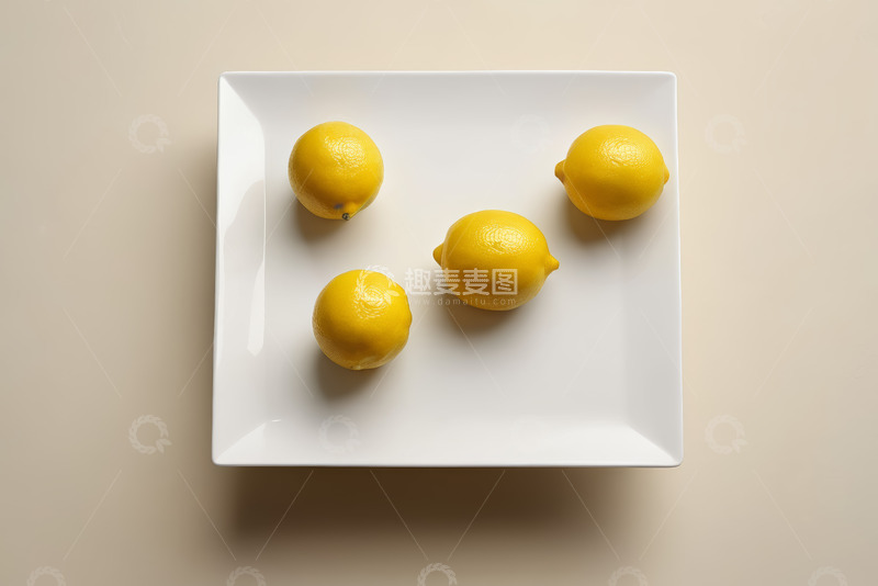 高清大图下载【趣麦麦图】白色盘子上的四个柠檬