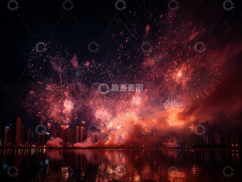 高清大图下载【趣麦麦图】城市天际线与绚烂烟花的交织盛景