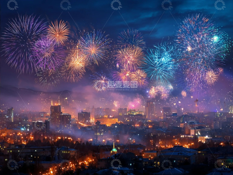 高清大图下载【趣麦麦图】繁华都市上空的烟花绽放时刻