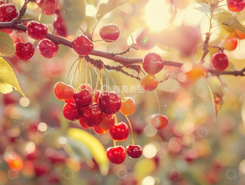 高清大图下载【趣麦麦图】光影下枝头饱满的鲜红樱桃
