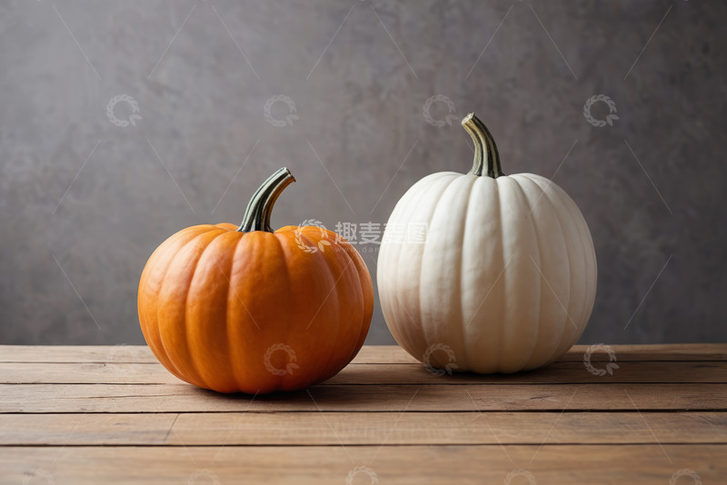 高清大图下载【趣麦麦图】木桌上的橙色与白色南瓜