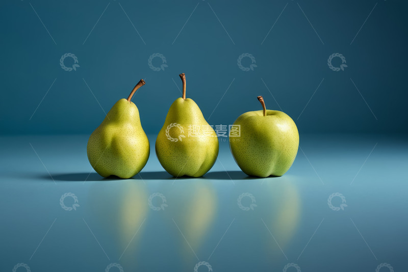 高清大图下载【趣麦麦图】蓝背景前摆放的梨和苹果