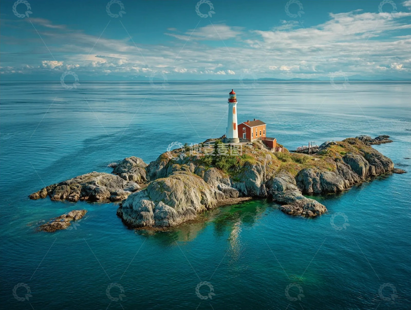 高清大图下载【趣麦麦图】碧海间小岛与灯塔的静谧图景