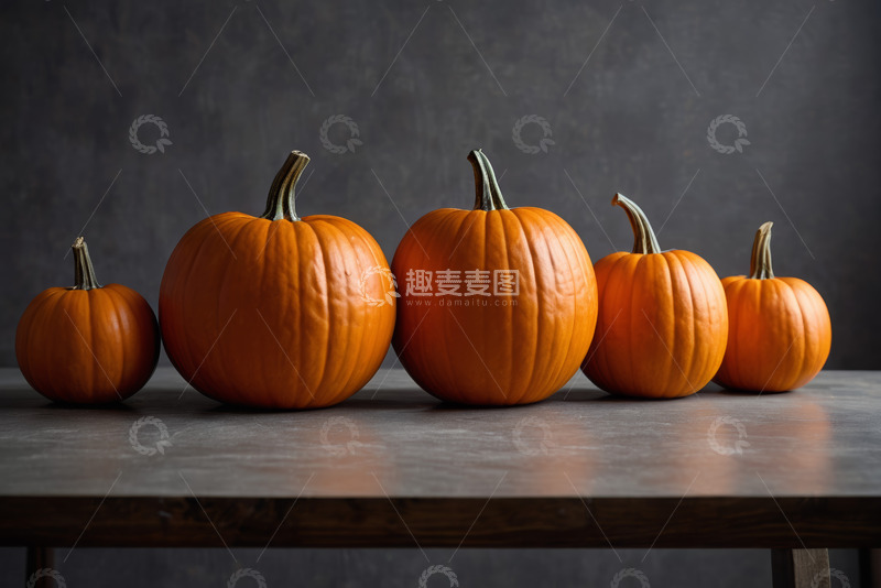 高清大图下载【趣麦麦图】摆放在桌上的多个橙色南瓜
