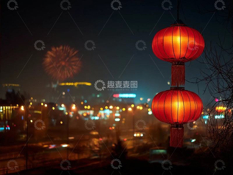 高清大图下载【趣麦麦图】年味满溢的红灯笼与城市烟花图景