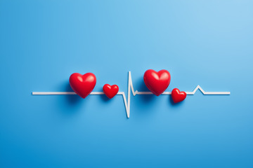 蓝色背景上红心组成的心电图