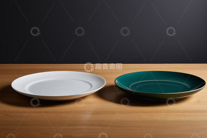 高清大图下载【趣麦麦图】木质桌面上的白色和绿色盘子