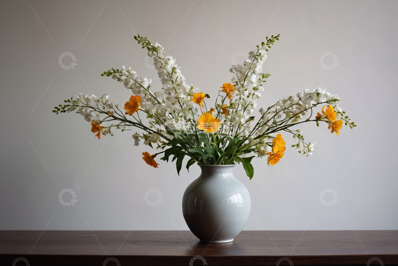 高清大图下载【趣麦麦图】白色花瓶中的黄色白色花卉