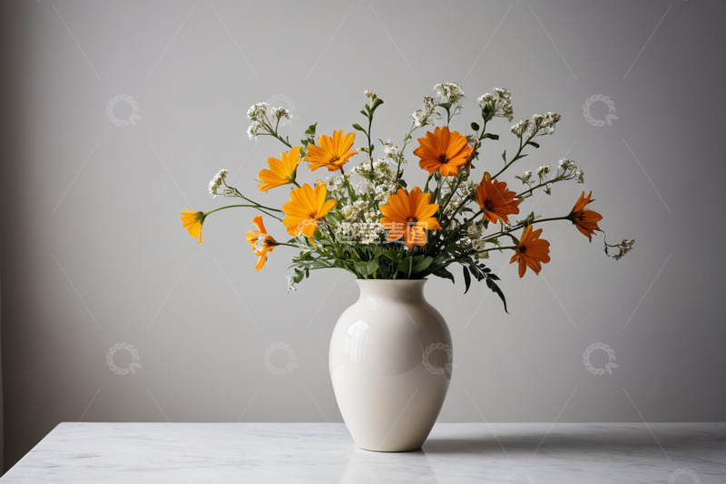 高清大图下载【趣麦麦图】白色花瓶中插着黄色花朵