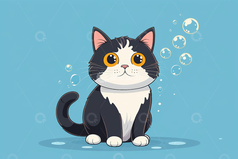 高清大图下载【趣麦麦图】卡通黑白猫与泡泡插画