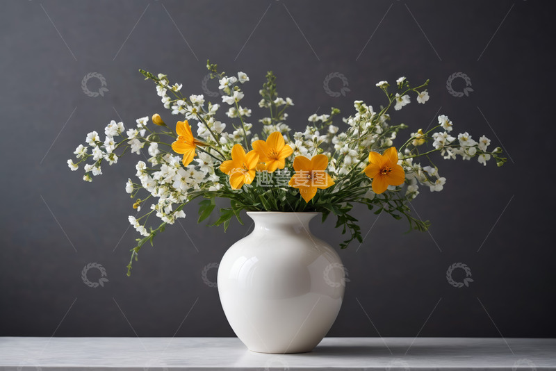 高清大图下载【趣麦麦图】白色花瓶中的黄白花卉