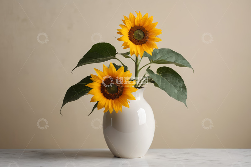 高清大图下载【趣麦麦图】白色花瓶中的两朵向日葵